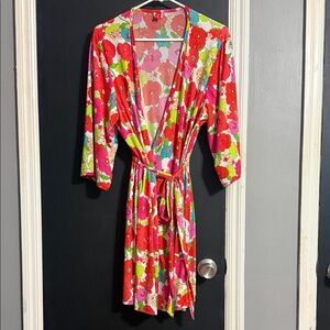 Josie Natori Belted Wrap Robe Lounge Floral Hippie Boho Size: L